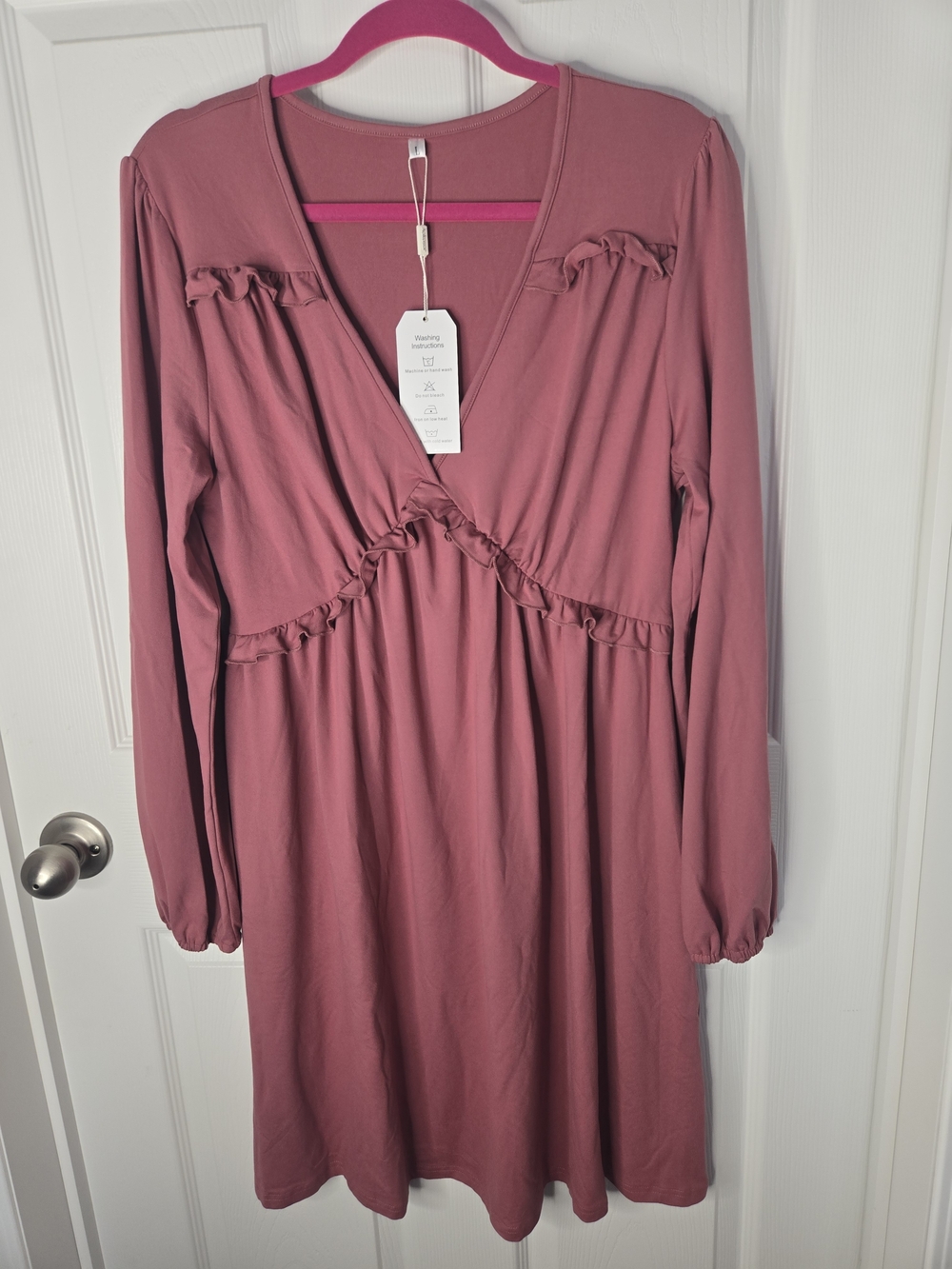 Long Sleeve Ruffled V-Neck Dress - Dusty Rose